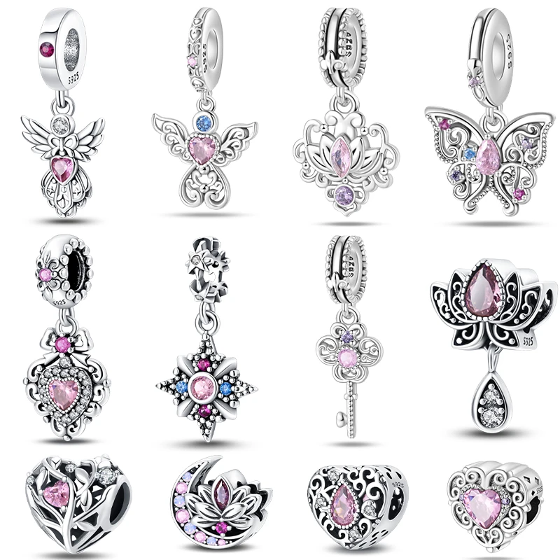 Silver Plated Lotus Guardian Angel Heart-Shaped Zircon Charms Beads Fit Qikaola 925 Original Bracelets DIY Jewelry Gifts