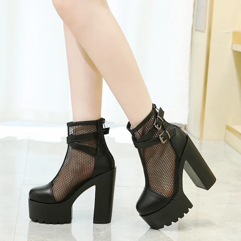 

Summer Fashion Buckle Thick Bottoms Sandals Female Ankle Boots Platform Square High Heels Mesh Women Retro Casual Shoes