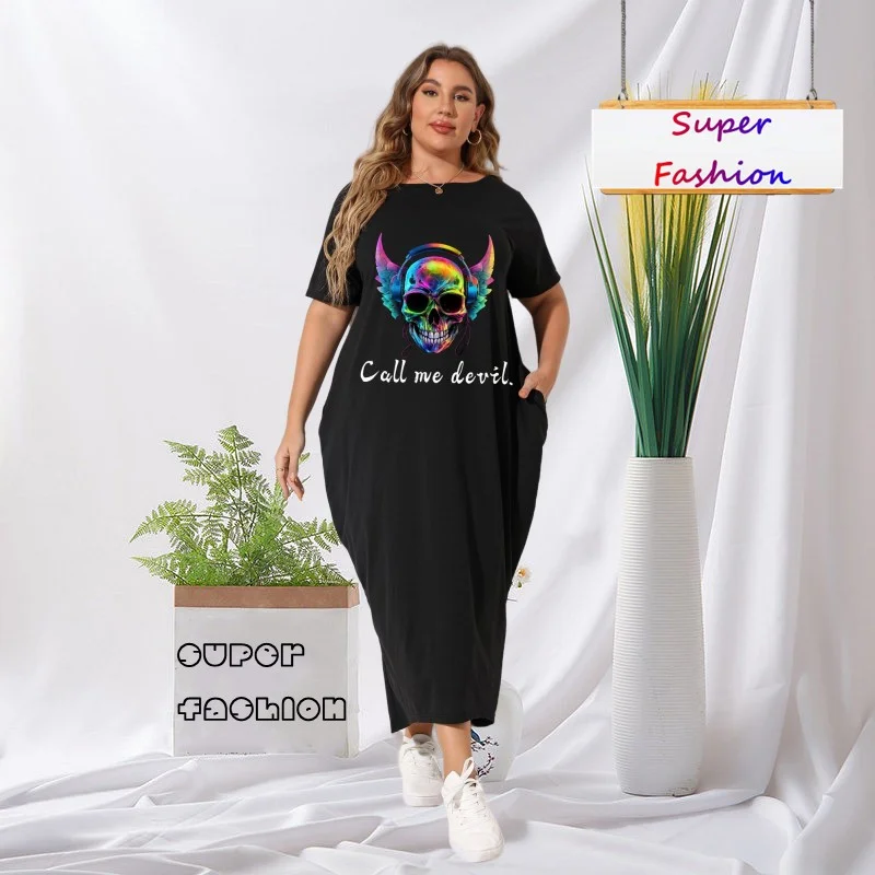 

WSFEC L-4XL 2023 летние платья с коротким рукавом большого размера, женская одежда, модное асимметричное свободное повседневное длинное платье с рисунком черепа