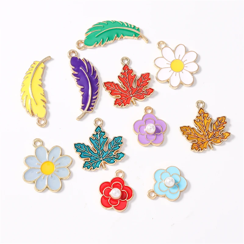 Duarte 20 Stück/Set Niedliche Pflanzen-Anhänger Emaille Blumen- und Blatt-Charms für Schmuckherstellung Halsketten Ohrringe DIY Basteln Geschenk