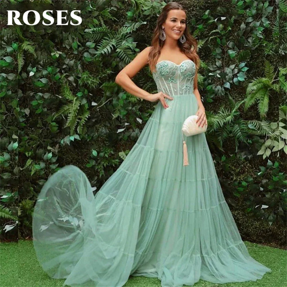 

ROSES Appliques Elegant Sexy Wedding Party Dress Sweetheart Celebrity Dresses Tiered Net Special Occasion Dresses robes du soir