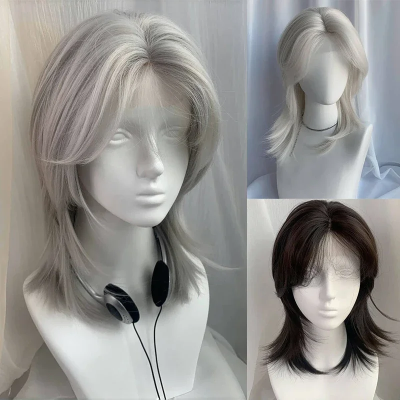 로리타 합성 가발 앞머리 레이스 울프 테일 짧은 곱슬머리 실버 그레이 레이어드 데일리 플러피 가발 풀 헤드 유니섹스 데일리 할로