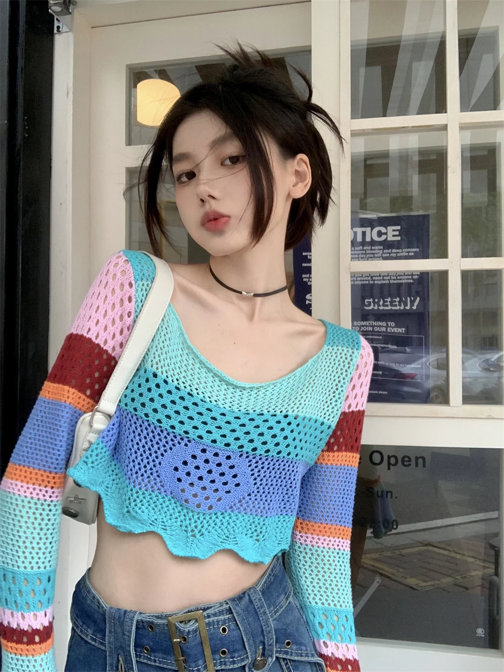 

Летняя полосатая трикотажная рубашка, женский укороченный топ с волнистыми краями и открытым пупком, защищающий от солнца, с расклешенными рукавами