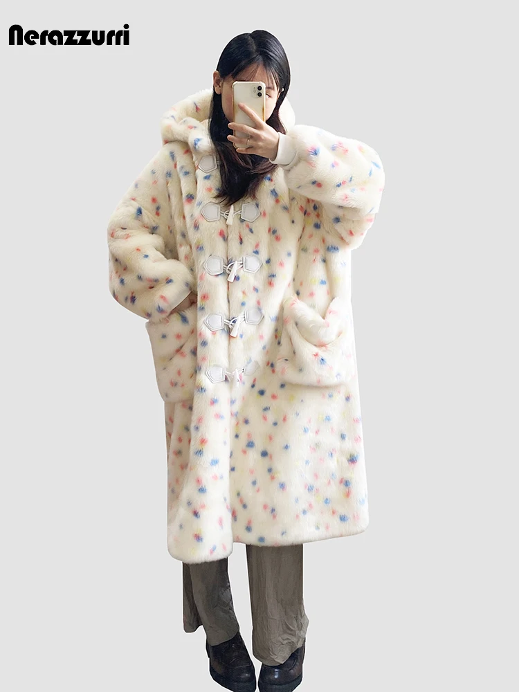 

Nerazzurri Winter Long Colorful Multicolored Cute Sweet Kawaii Faux Fur Coat Women with Hood Horn Buttons Japanese Fashion 2023