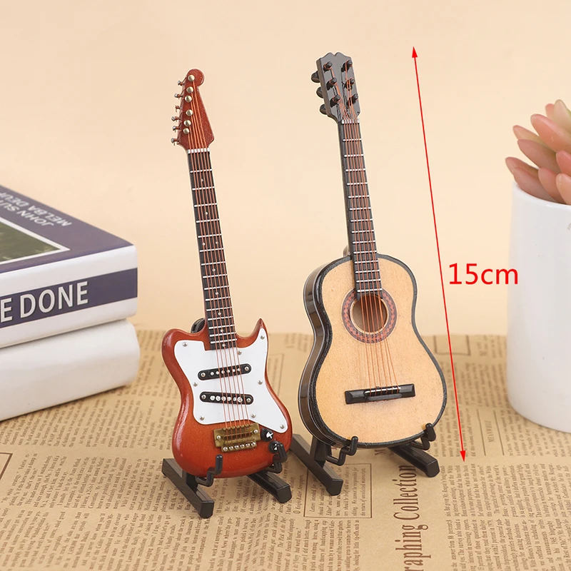 1/6 Dollhouse Miniature Wooden Electric Guitar With Stand Model Instrument Toy Gift For Children Kids 5