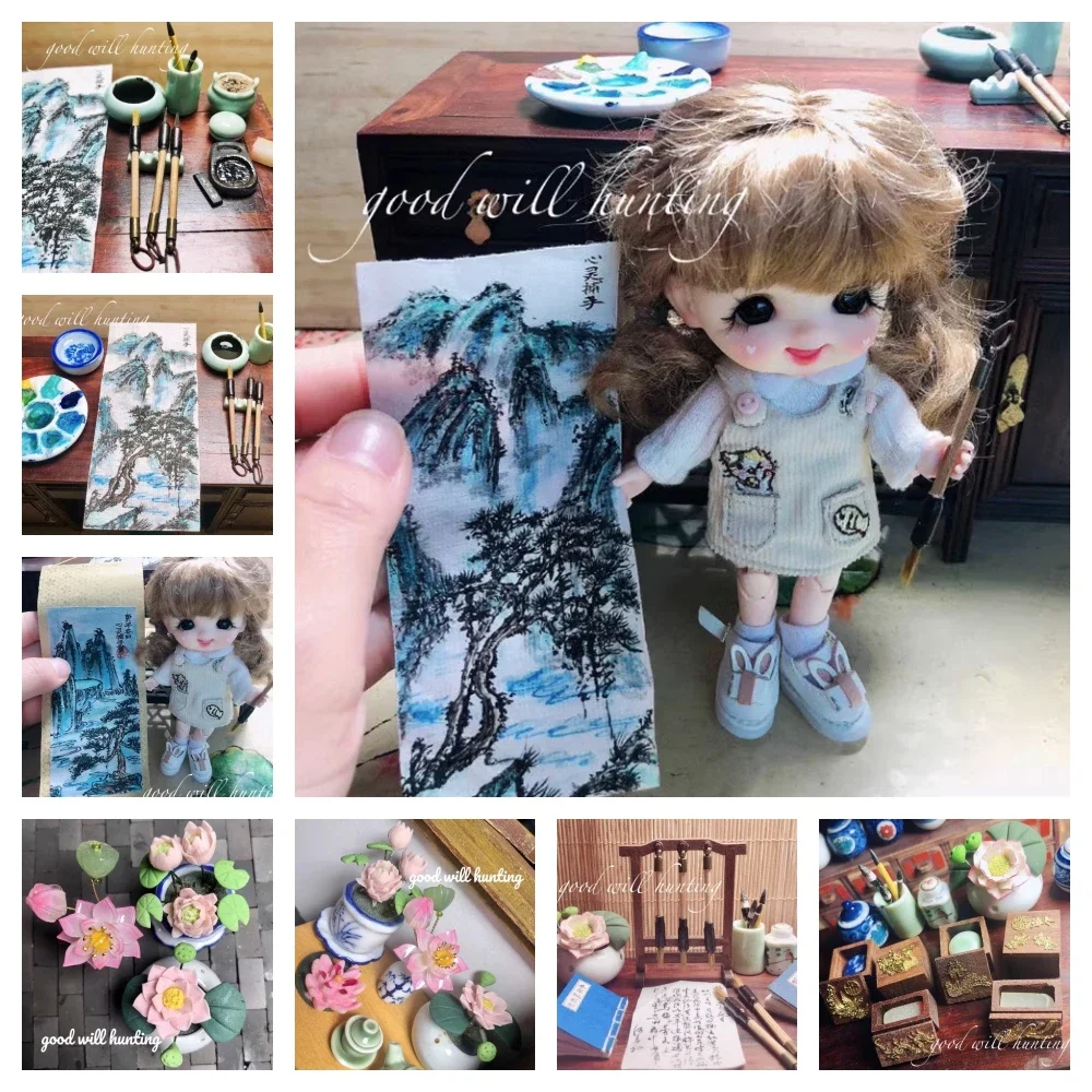 1:12 Doll House DIY Clay Lotus Dragon Phoenix Seal Storage Box Wenfang Four Treasures OB11 Pen and Ink Calligraphy Scene Model boutique afghanistan beige white jade dragon seal panlong jade personal unique stamper painting and calligraphy signet