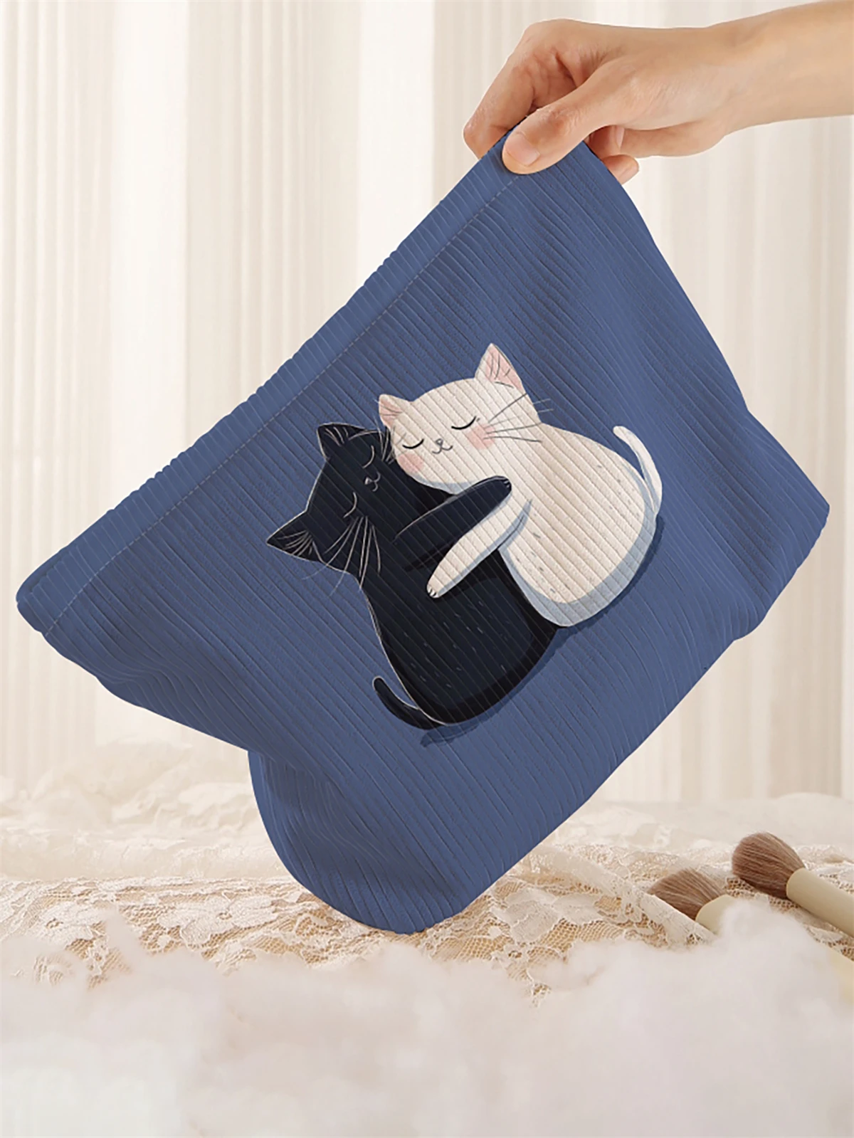 1 cute cat pattern printed corduroy makeup bag, lightweight zipper makeup storage box, multifunctional bag with lining