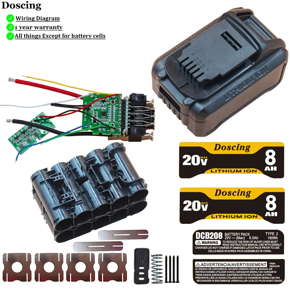 Doscing DCB208 10x21700 20V Battery Case Charging Protection PCB For Dewalt 18V 20V Power Tools DCB204 DCB200 DIY 8Ah battery