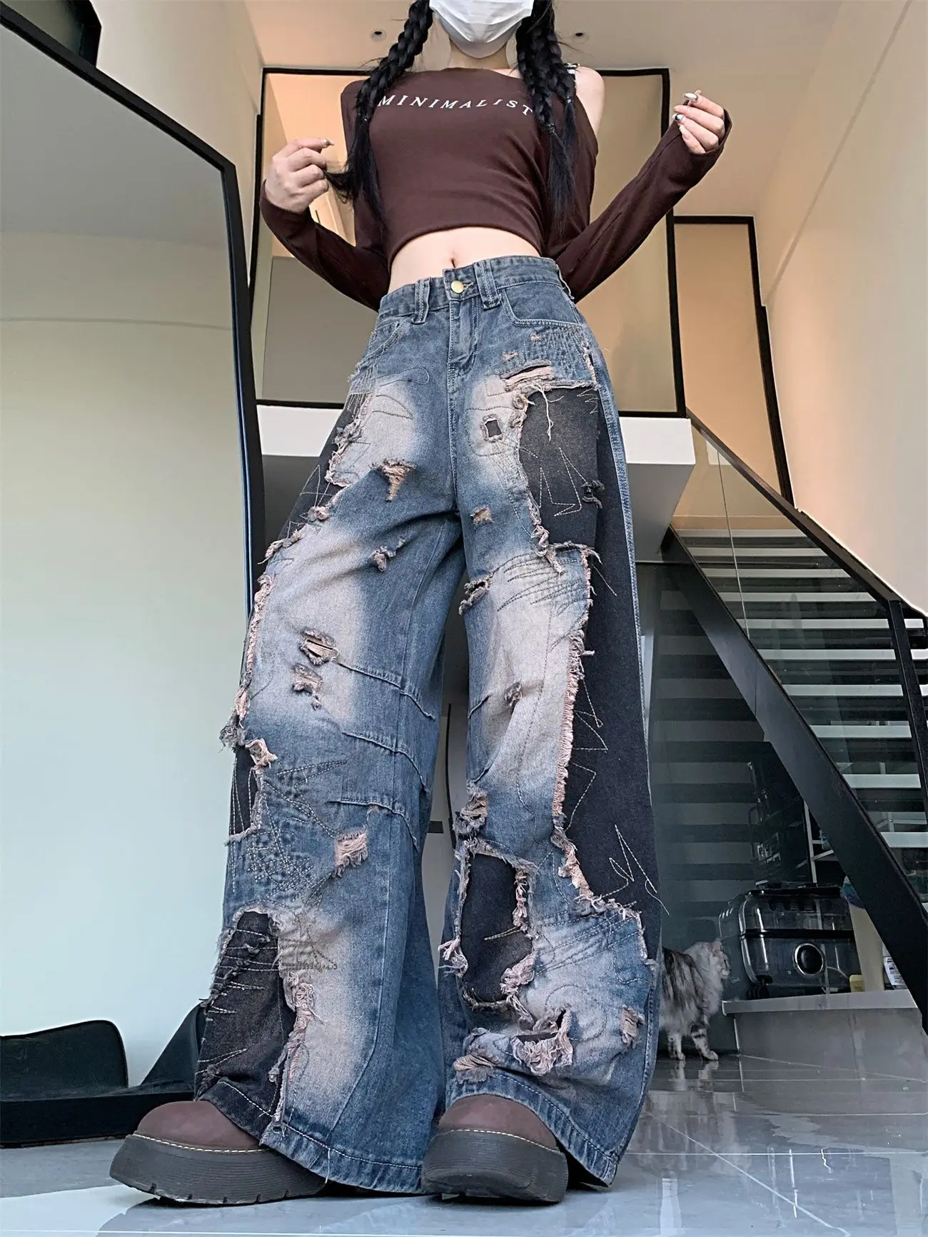 Patchwork-Jeans mit weitem Bein für Damen, hohe Taille, bodenlang, gewaschener, Distressed-Denim, Sommer, ohne Stretch, Streetwear-Hose – Detail 6
