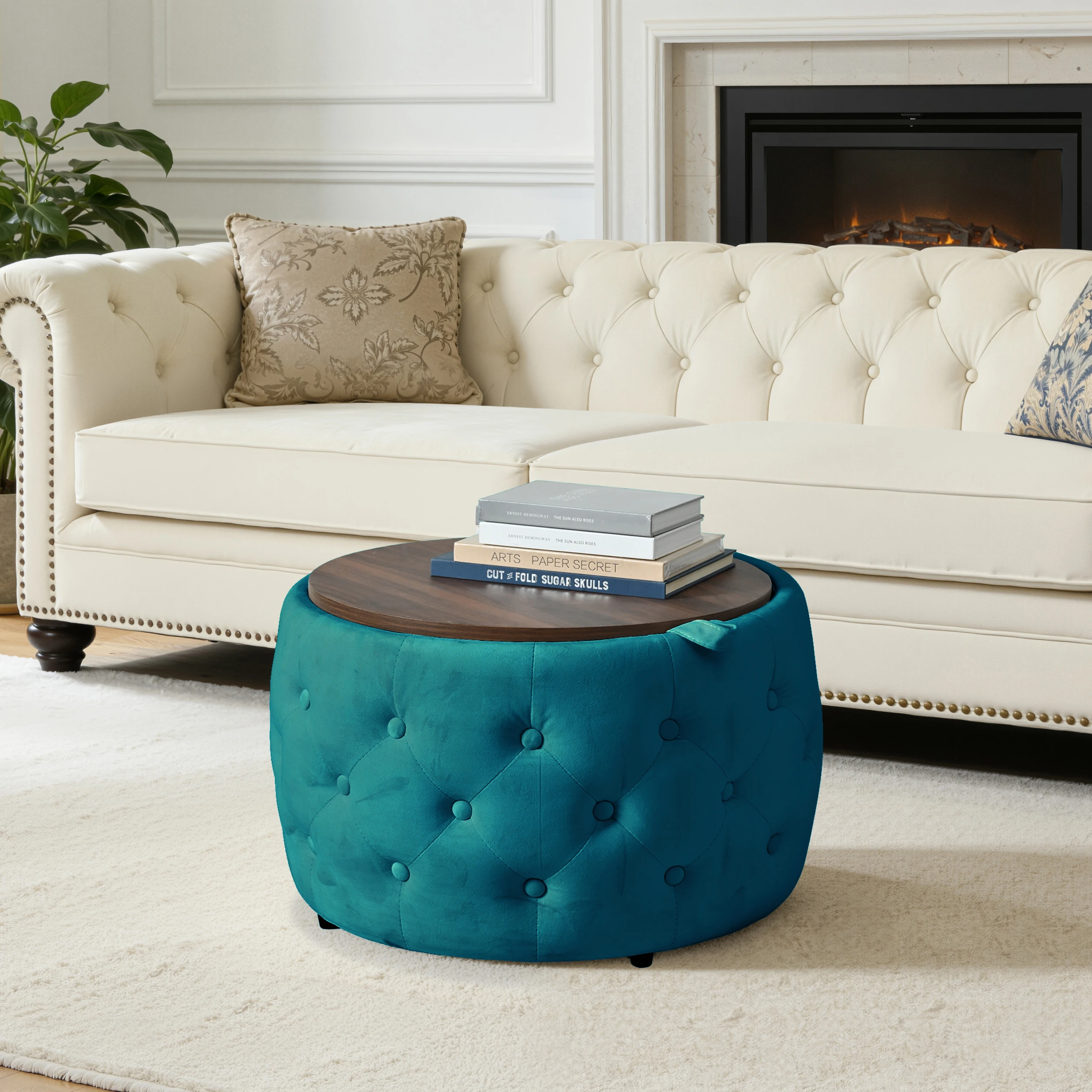 Luxuriöses 2-teiliges Samt-Ottoman-Set mit 4-in-1-Funktionalität, runder Aufbewahrungshocker, blau, keine Montage erforderlich. – Detail 7