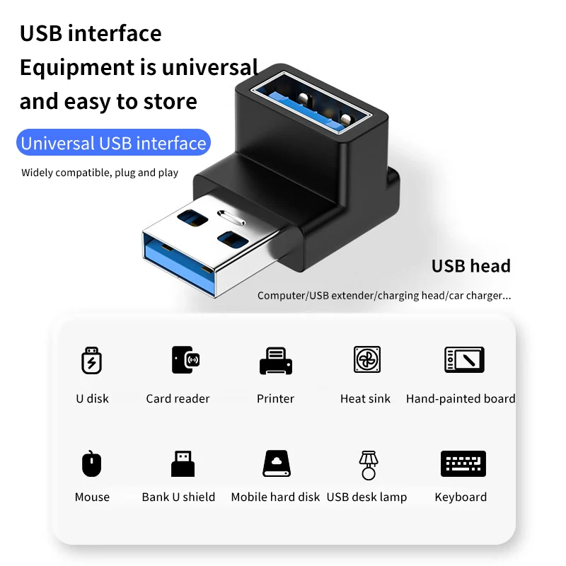 NNBILI 90 직각 USB 3.0 확장 어댑터 상향 팔꿈치 10Gbps USB 커넥터 PC 남성-여성 확장 플러그 Converte