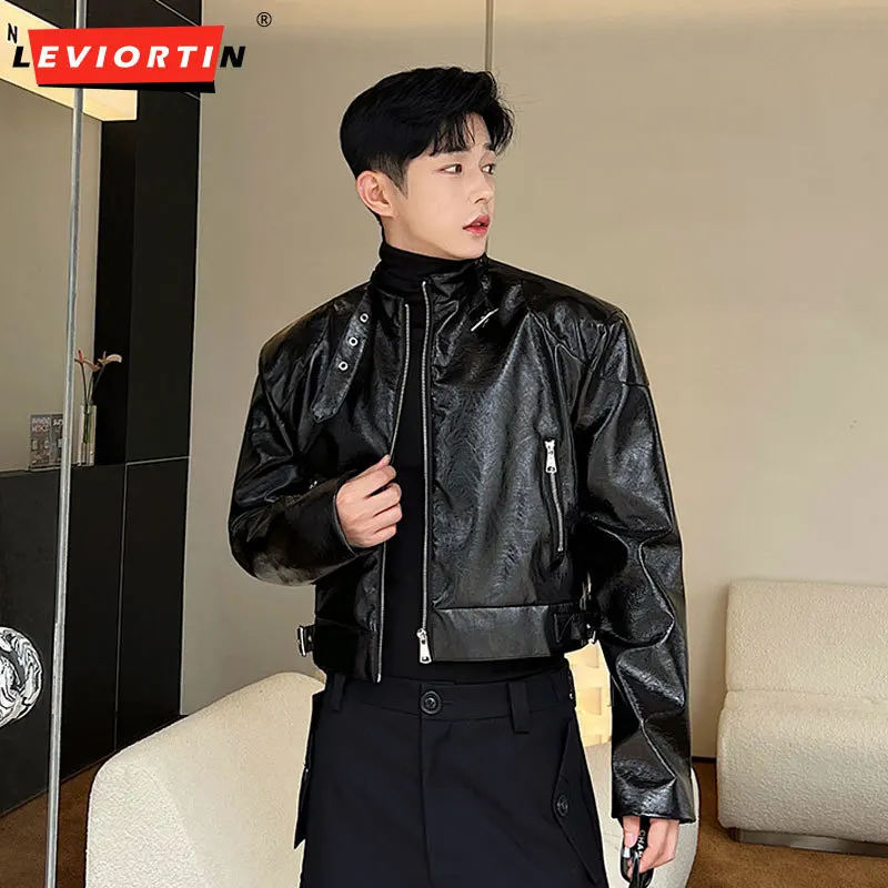 Fashion Men Leather Jacket Streetwear Zipper Stand Collar Rubbed Pattern Leather Coats Streetwear Loose Casual Crop Jackets four seasons of new large size rubbed colour square head lace up leather shoes british business formal leather shoes cb108