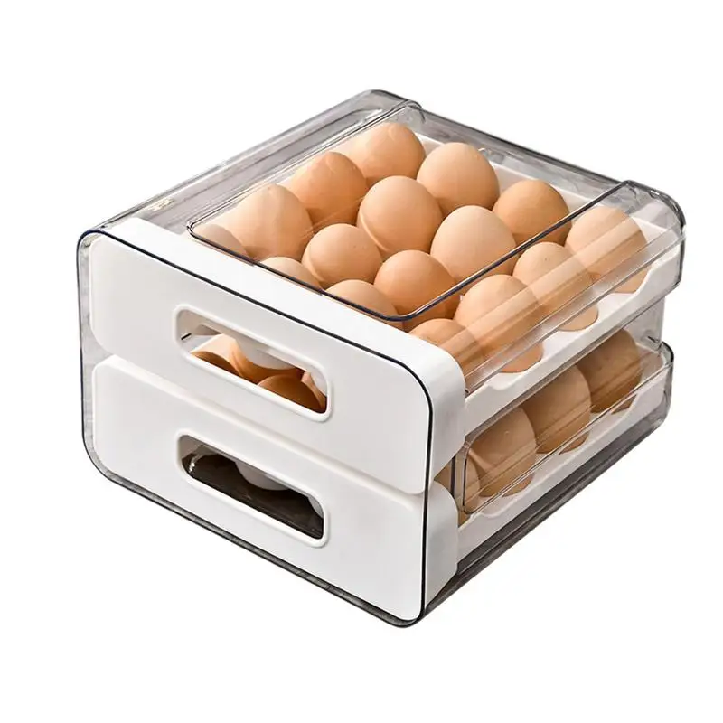 

Refrigerator Egg Drawer Stackable 32 Grid Egg Tray Containers 2 Layers Clear Egg Holder Egg Storage Basket For Refrigerator