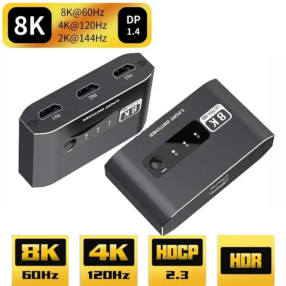 8K Switch Hdmi 2.1 3X1 Switcher Adapter Hdmi 2.1 Splitter 8K @ 60Hz 4K @ 120Hz Compatibile 3 In1 Out Hdr 48Gbps Per Ps4 Ps5 Hdtv Xbox