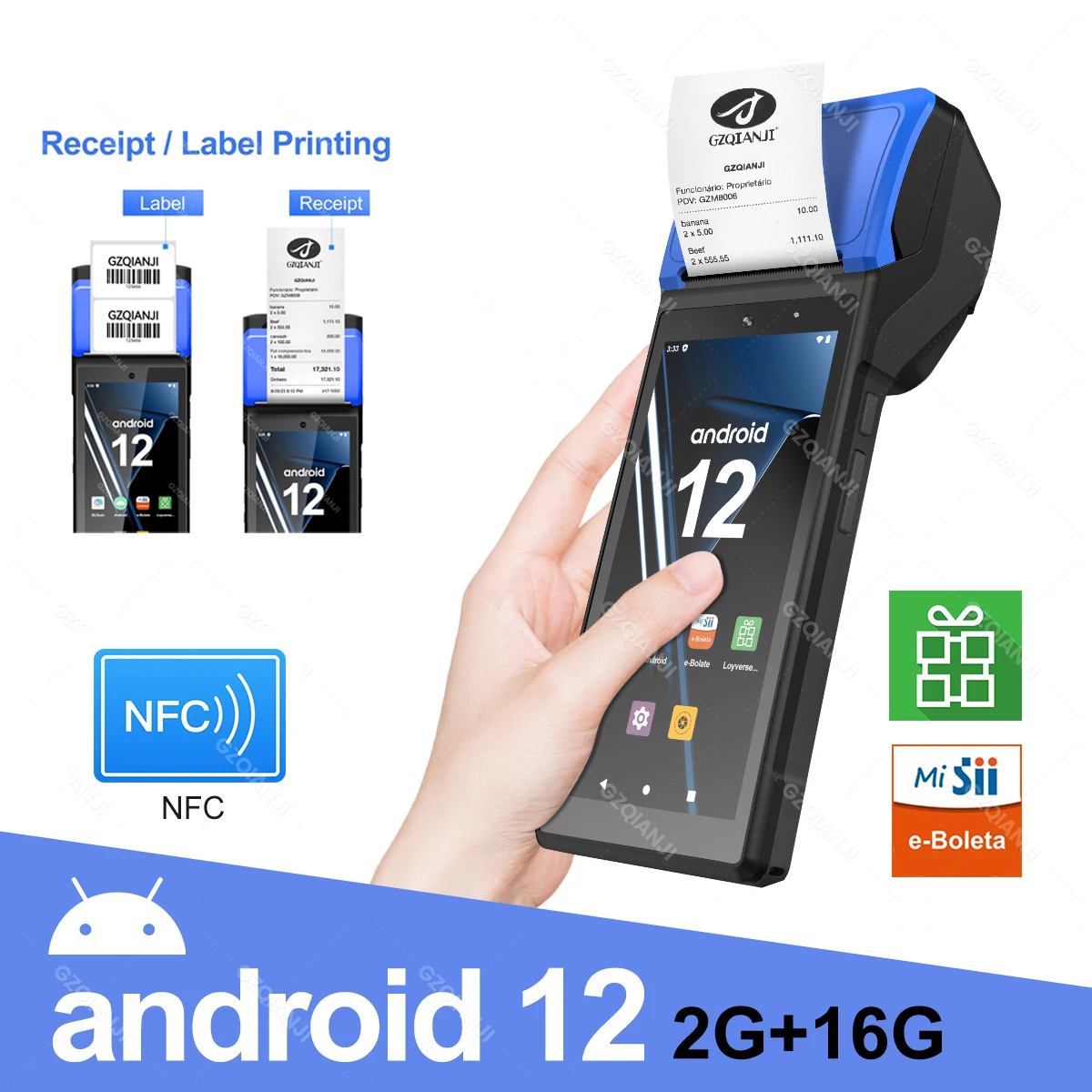 thumbnail image 1 of Terminal POS portátil Android 13/8.1 3G 4G con impresora térmica de 58 mm, escáner 1D 2D, lector NFC, RAM 3 GB, ROM 32 GB, dispositivo móvil, 1 of 5