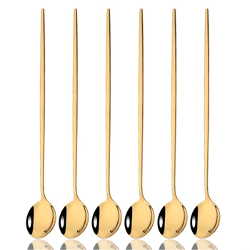 6 pezzi caffè mescolando cucchiaio set di posate succo oro cucchiai da tè stoviglie gelato manico lungo cucchiaio utensili da cucina 1