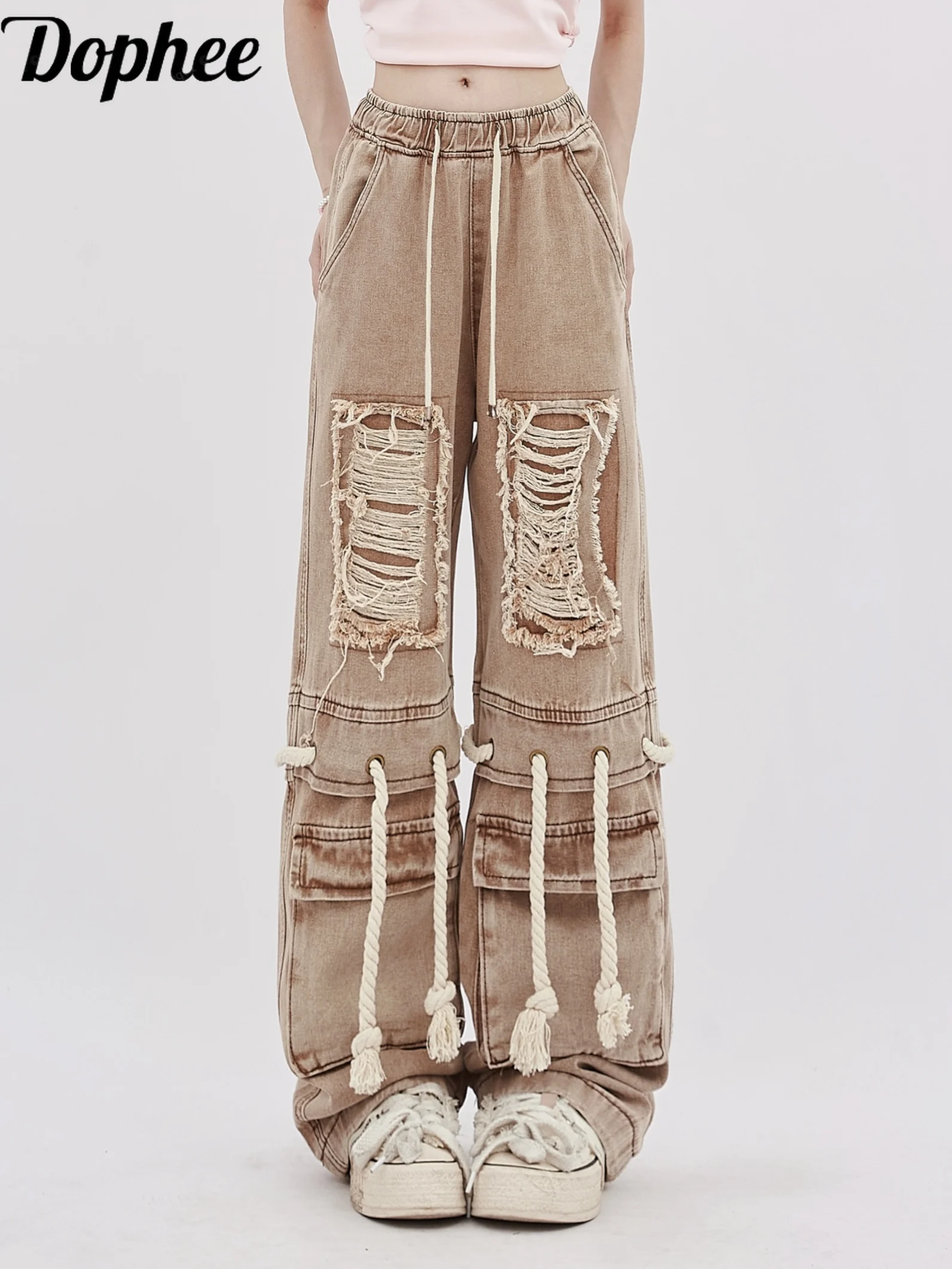 dophee-new-spring-women-cargo-pants-american-style-high-street-hole-straps-loose-straight-pants-elastic-waist-denim-trousers