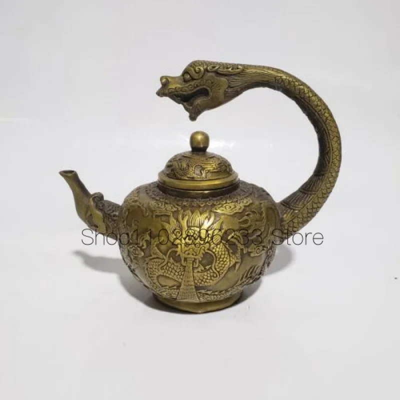 

16cm Chinese Brass Teapot Kettle Bronze Flag Animal Dragon