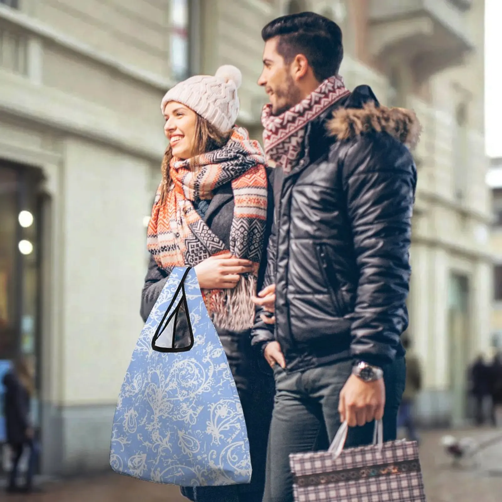 Customized Printed Shopping Bags Color Blocked Tote Blue Pattern Printing Tote Handbag Straps for Crossbody Custom Pattern