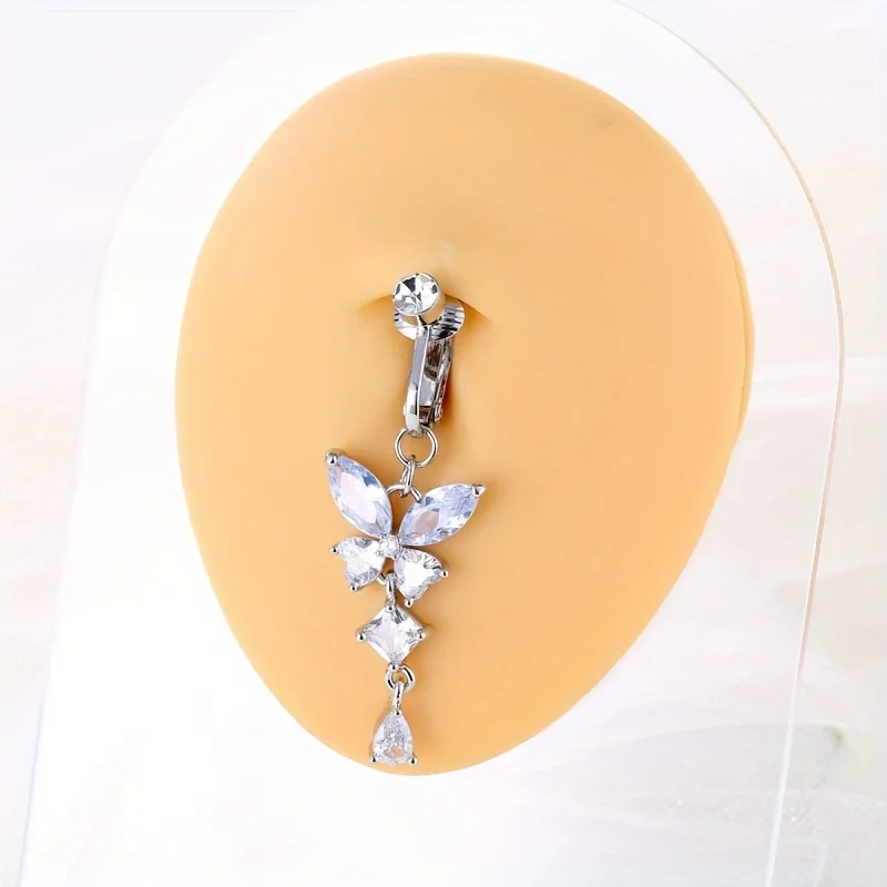 5 Stück Strass Herz Schmetterling baumeln nicht durchdringend Edelstahl Nabel Clips, gefälschte Bauchnabel Ringe, Nabel Schmuck für Männer – Detail 3