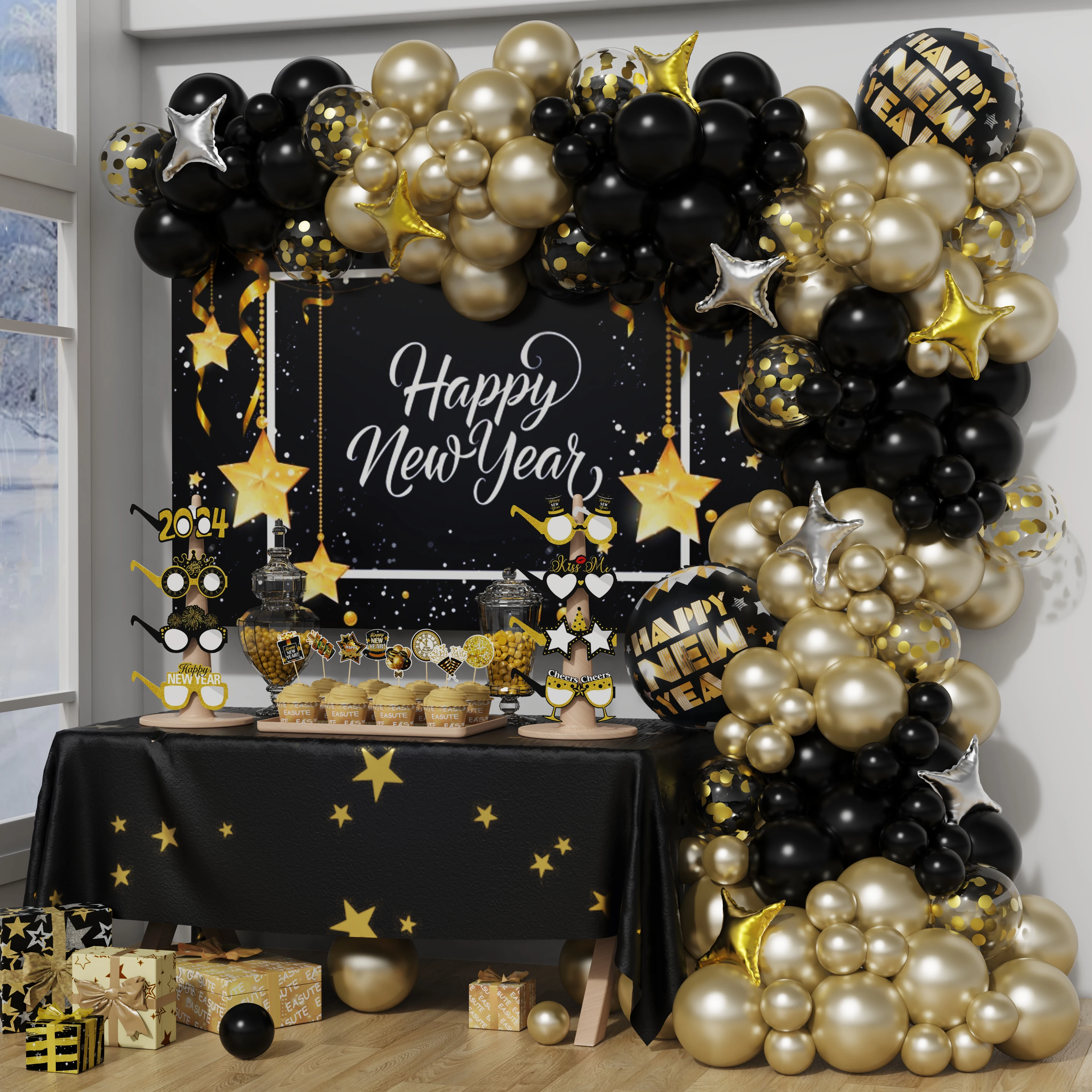 

142pcs Black Gold New Year Party Balloons Garland Arch Confetti Latex Helium Balloons Adults Child Birthday Home Christmas 2024