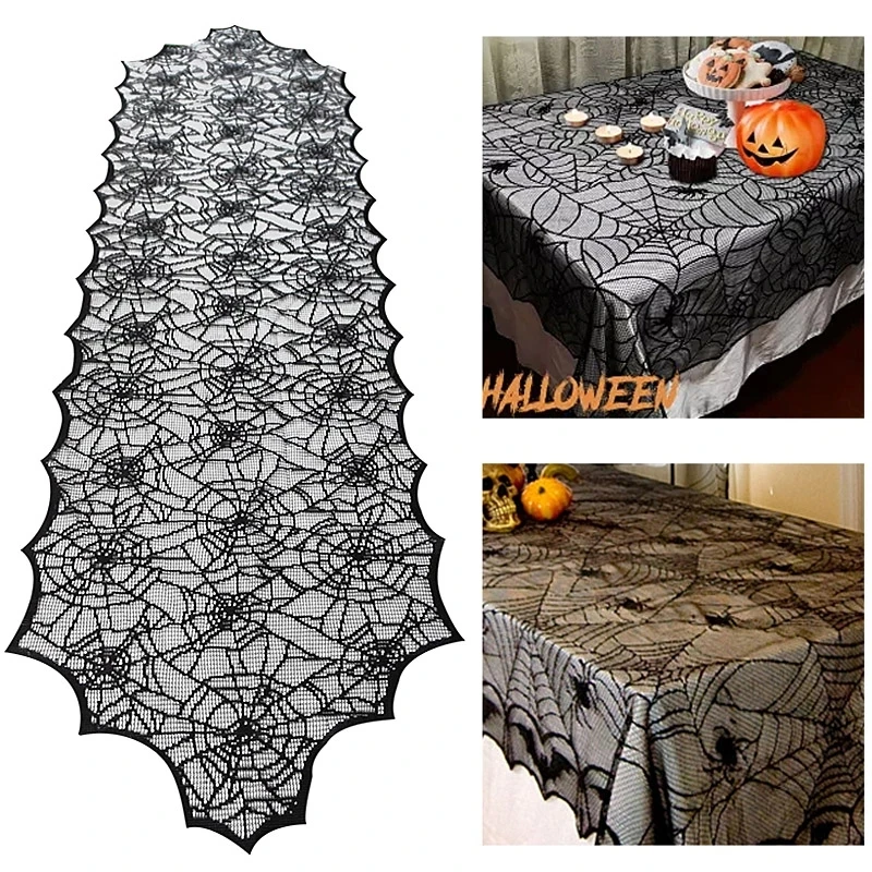Halloween Bat Table Runner Black Spider Web Lace Tablecloth Fireplace Curtain for Halloween Party Home Decoration Horror Props