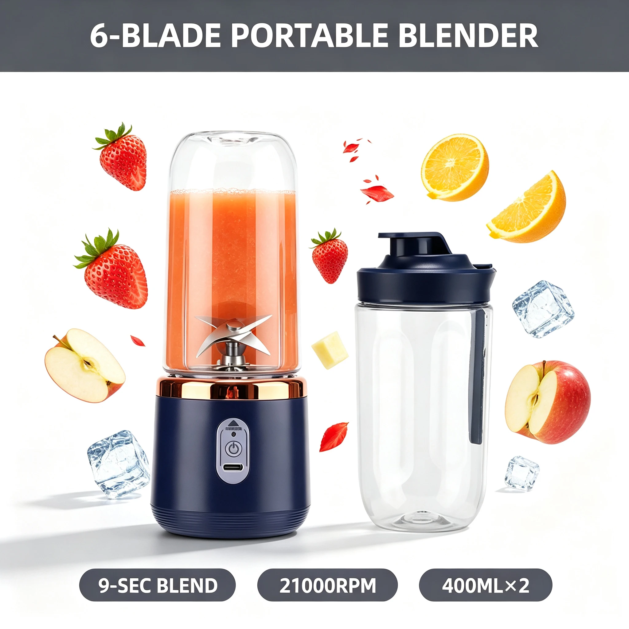 Compact USB Rechargeable Portable Blender – 6-Blade Smoothie Maker for Travel, Home, and Office