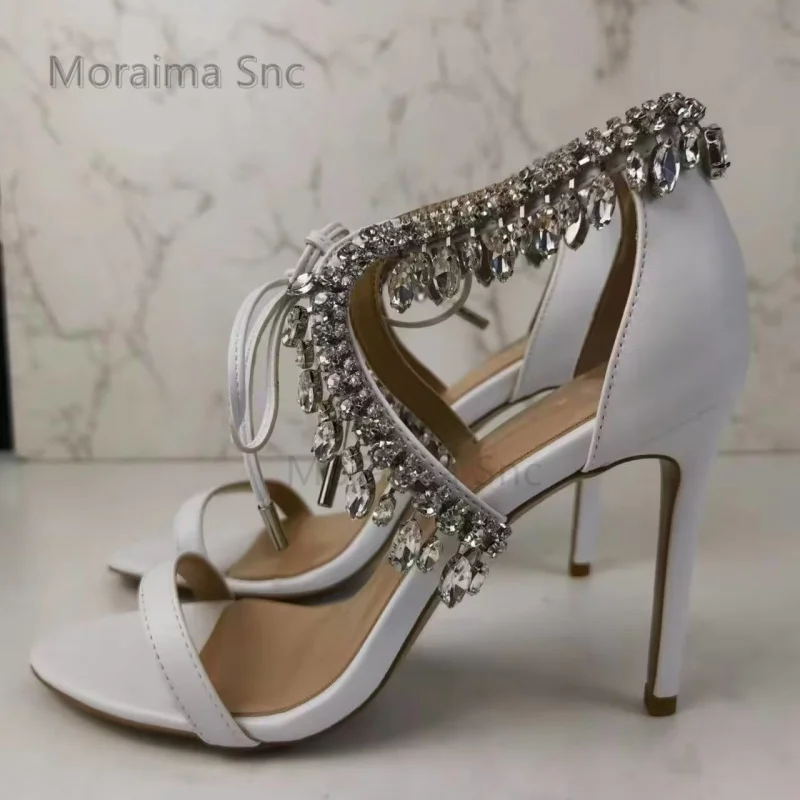 

White Rhinestone Stiletto Women's Sandals Summer Luxury Pumps Bride Wedding Open Toe Strap Party High Heel Sandals Ladies Shoes