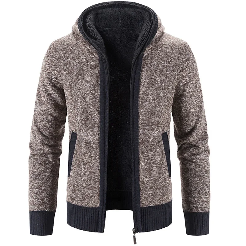 Men's Hooded Cardigan Sweater New Fleece Thickened In Winter Stand Collar Knitwear Jacket Zipper Casual Male Clothing Sweaters