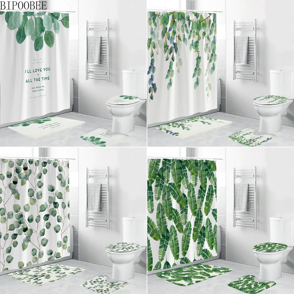 Green Tropical Leaf Flowers Cactus Waterproof Fabric Shower Curtain Bathroom Set 