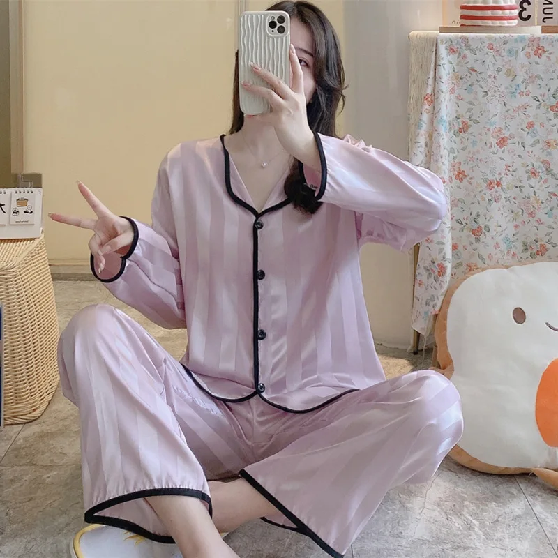 Women Pajamas Sets Strped Pijama Faux Silk Satin Pyjama Female Sleepwear Long Sleeve Lapel Shirt Pants Homewear Nightwear pjs