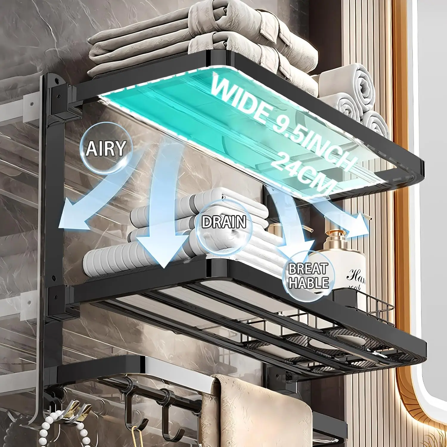 للحمام، رف مناشف مثبت على الحائط من 3 طبقات مع خطا...