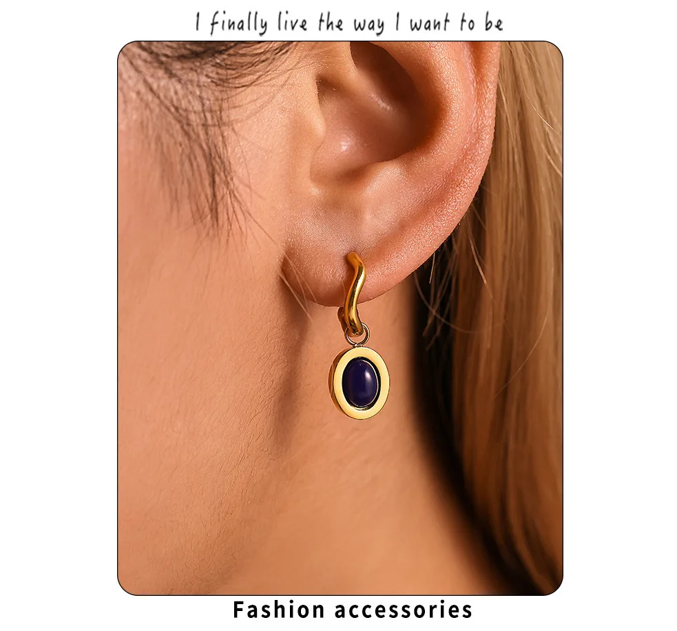 OL Edelstahl vergoldet Mode Ohrringe für Frauen Oval Achat wasserdicht Ohr Hoop kein verrostet Charm Schmuck Geschenk – Detail 1