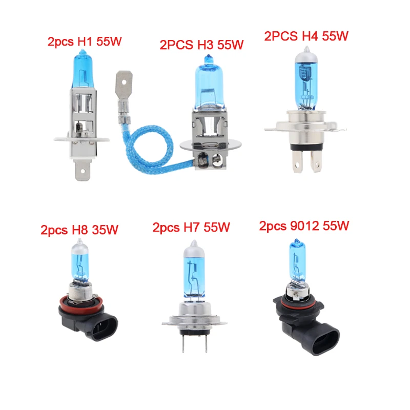 

2pcs 55W 12V Car Front Headlight Fog Bulb H1 H3 H4 H7 H8 H9 H10 H11 H12 H15 9005 9012 6000K White Light Car Xenon Halogen Lamp