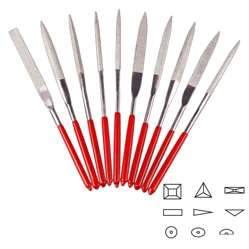 금속 보석상용 다이아몬드 파일, 돌 연마 목재 조각 공예, 더블 컷 전기 도금 합금 수공구, 3x140mm, 세트당 10 개