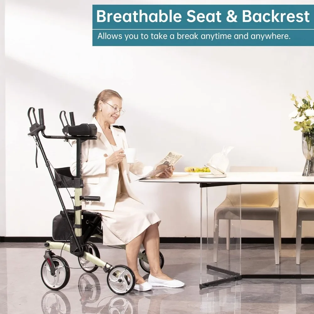 Upright Walker, Stand Up Folding Rollator Walker with  Front Wheels Backrest Seat and Padded Armrests(Champagne) 3