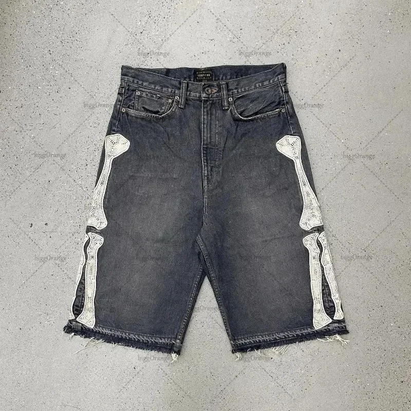 2024 European and American Summer Retro Skeleton Denim Shorts Sports Casual Shorts New Couple Wear Street Wear Five-Fifth Pants 5