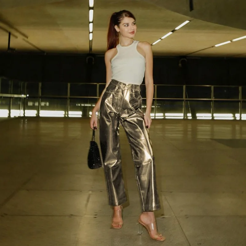 Pantalones de PU plateados para mujer, moda 2025, cintura alta, sueltos, pierna ancha, ropa de fiesta para chicas, ropa de calle, pantalones largos para mujer, otoño