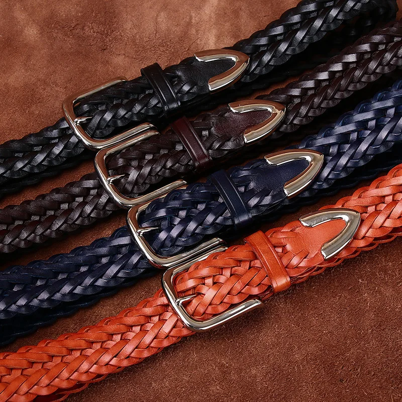 3.5CM Cowhide High Quality Genuine Leather Belts for Men Women Hand Woven Belt Strap Male Pin Buckle Jeans Cowboy Cintos Luxury
