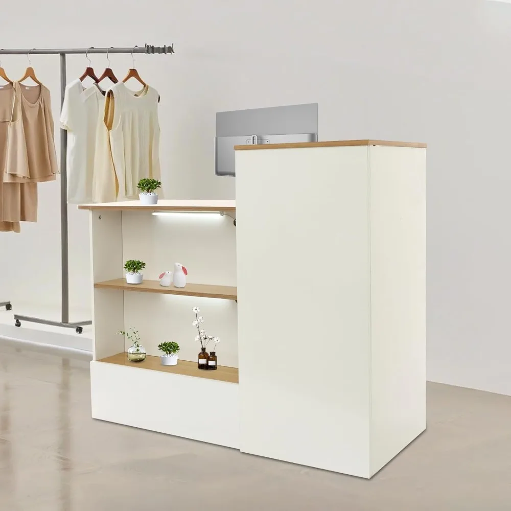 47in Reception Desk with Locking Drawer, Open Shelves & LED Lights for Office Store Restaurant Salon