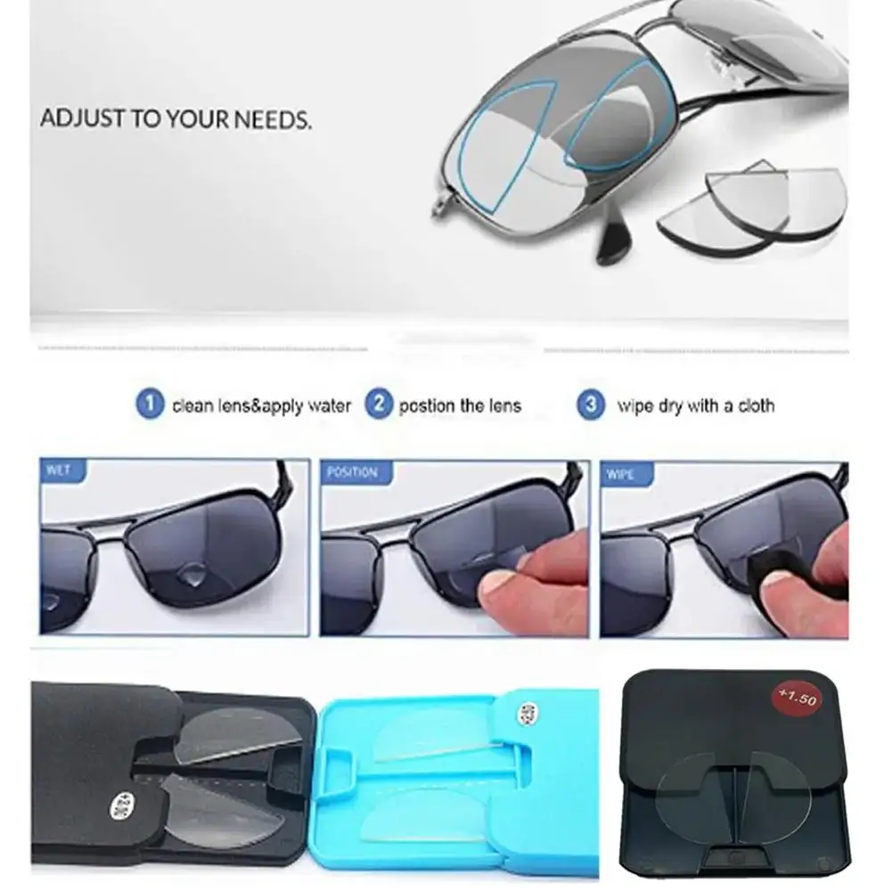 2pcs Stick-on Reading Glasses Lens Liquid Silicone Bifocal Presbyopic Lenses Magnification Bifocal Lenses +100 to +350