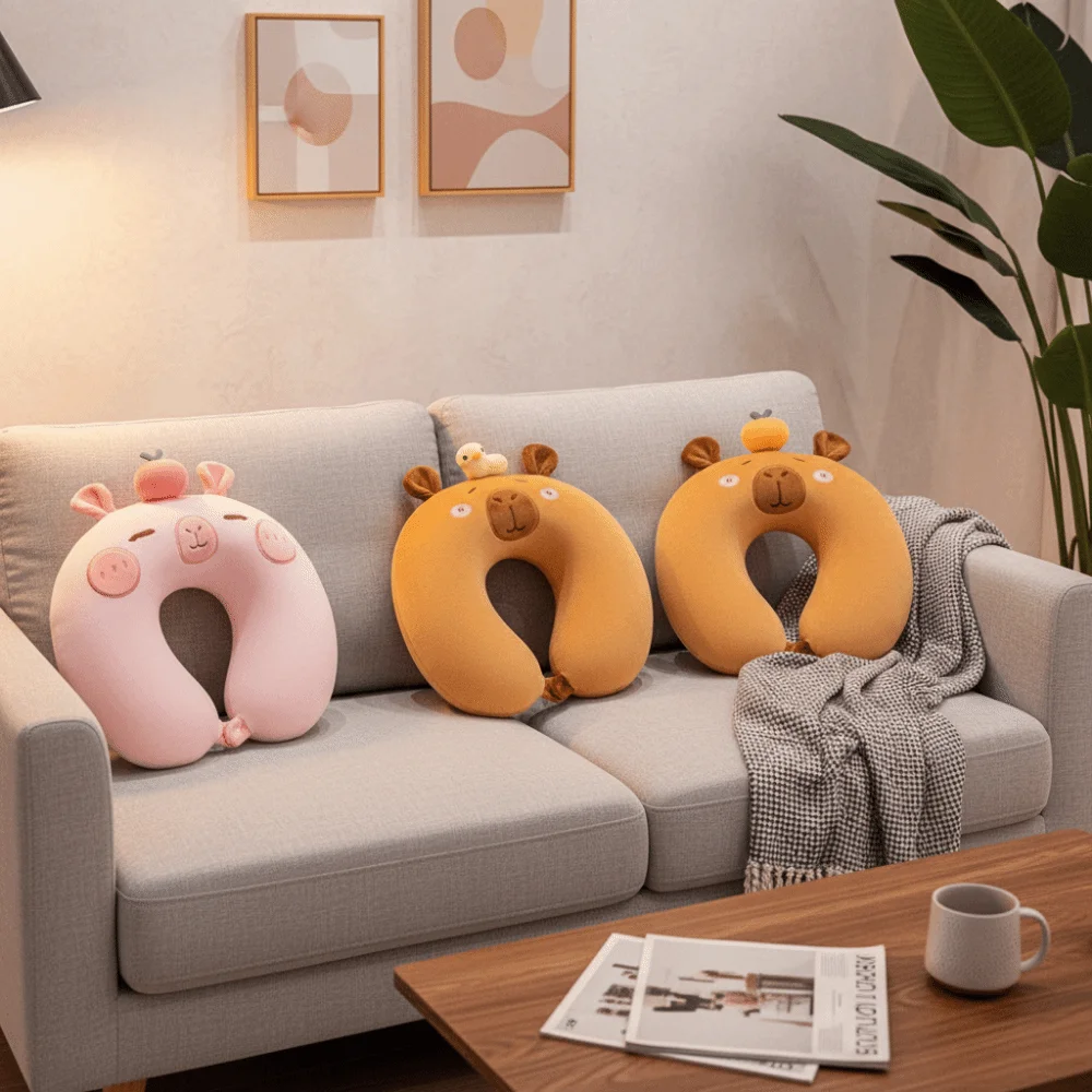 Capybara Travel U-Shaped Pillow Double-sided Animal Neck Support Cushion Washable Slow Rebound Napping Headrest Pad
