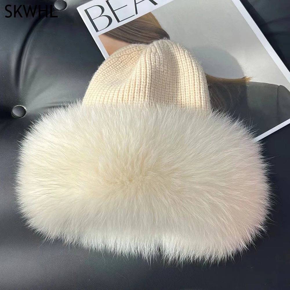 Women Real Fur Hat Winter Natural Fox Fur Beanie Lady Luxury Knitting Fox Bucket Hat Bonnets