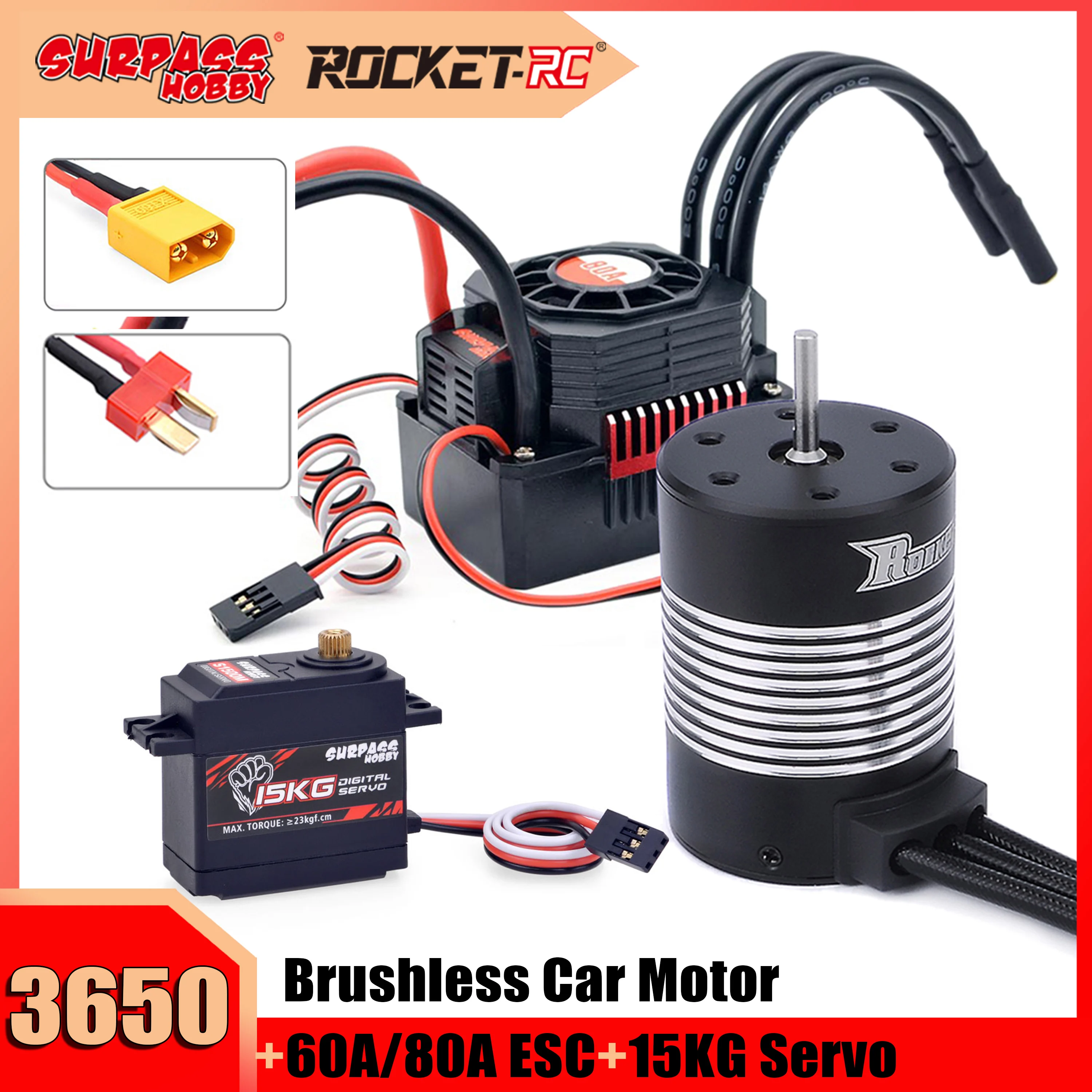 

Rocket 3650 Waterproof Brushless Motor 80A 60A ESC 15kg Metal Gear Servo Set for 1/10 RC Car Crawler Racing Axial Wltoys Tamiya