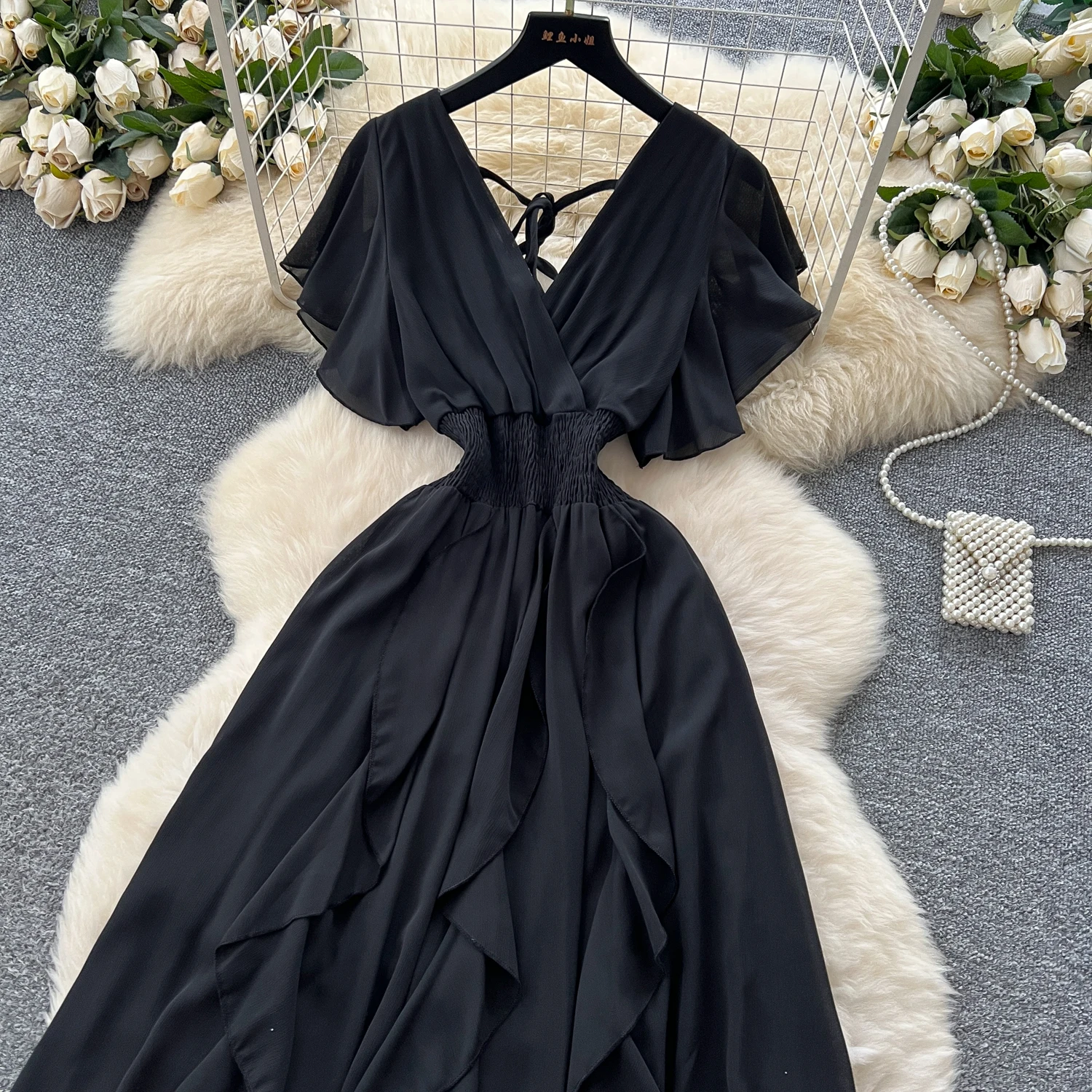 Elegant Criss-Cross chiffon short sleeve Vintage Chic Slim Ball Gown Dresses French Evening High Street Clothing