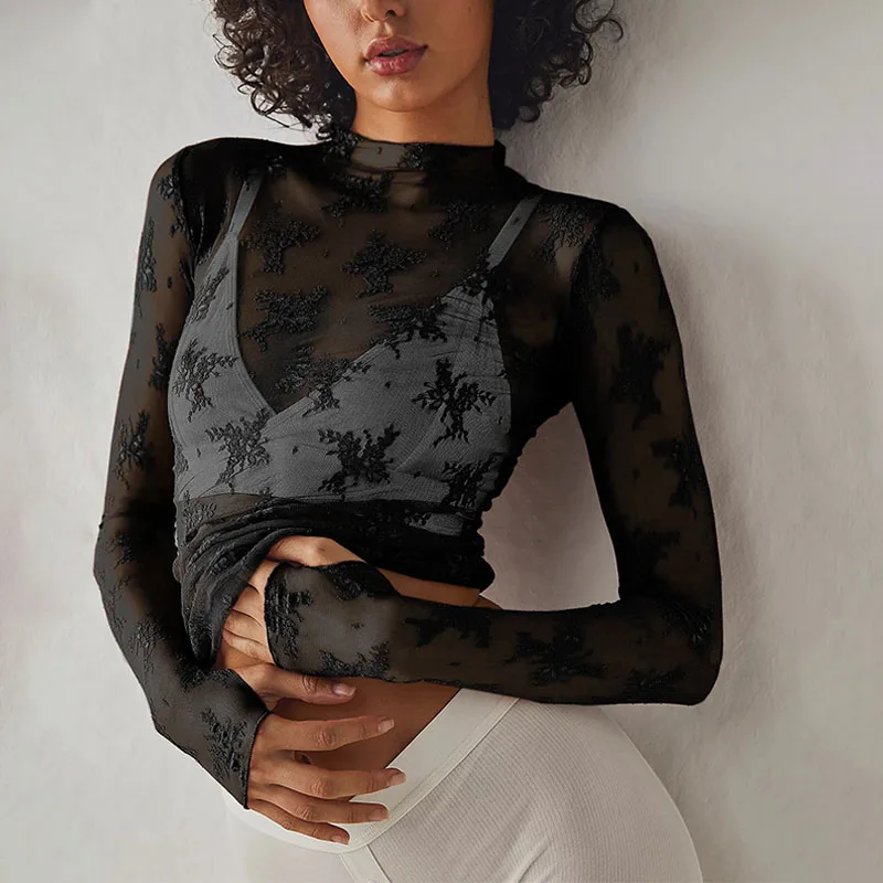

Summer 2024 Sexy Mesh Tops See Through T Shirt New Sexy Y2K Hollow Out Transparent Long Sleeve Cool Blouse Women's Streetwear
