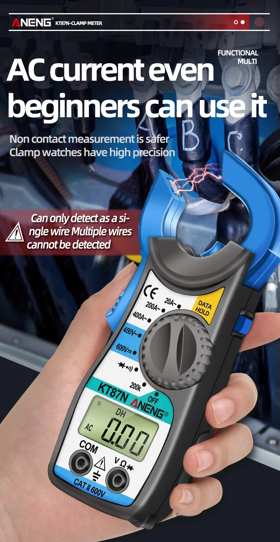 Description Picture 5 of itemANENG KT87N Mini Digital Clamp Meters AC/DC Voltage AC Current 450V True RMS Multimeter Capacitance Electrical Tester Tool