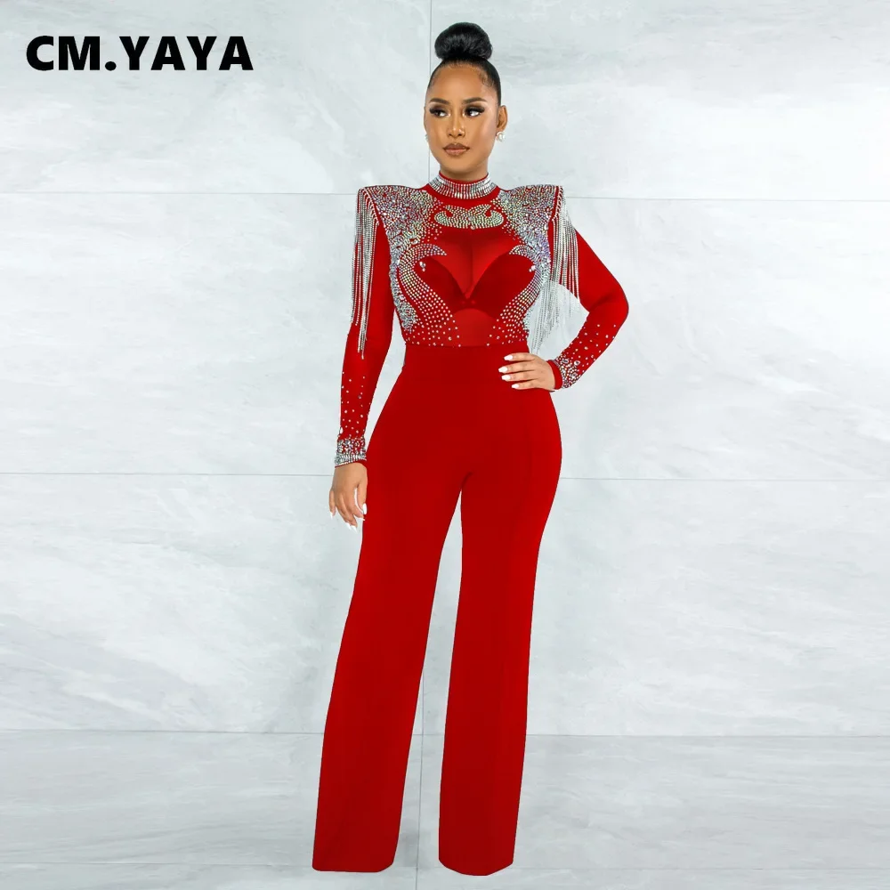 CM.YAYA Women Jumpsuit Solid High Collar Hot Drill Mesh Shoulder Cotton Long Sleeves Long Straight Jumpsuit Sexy Party Outfits 4