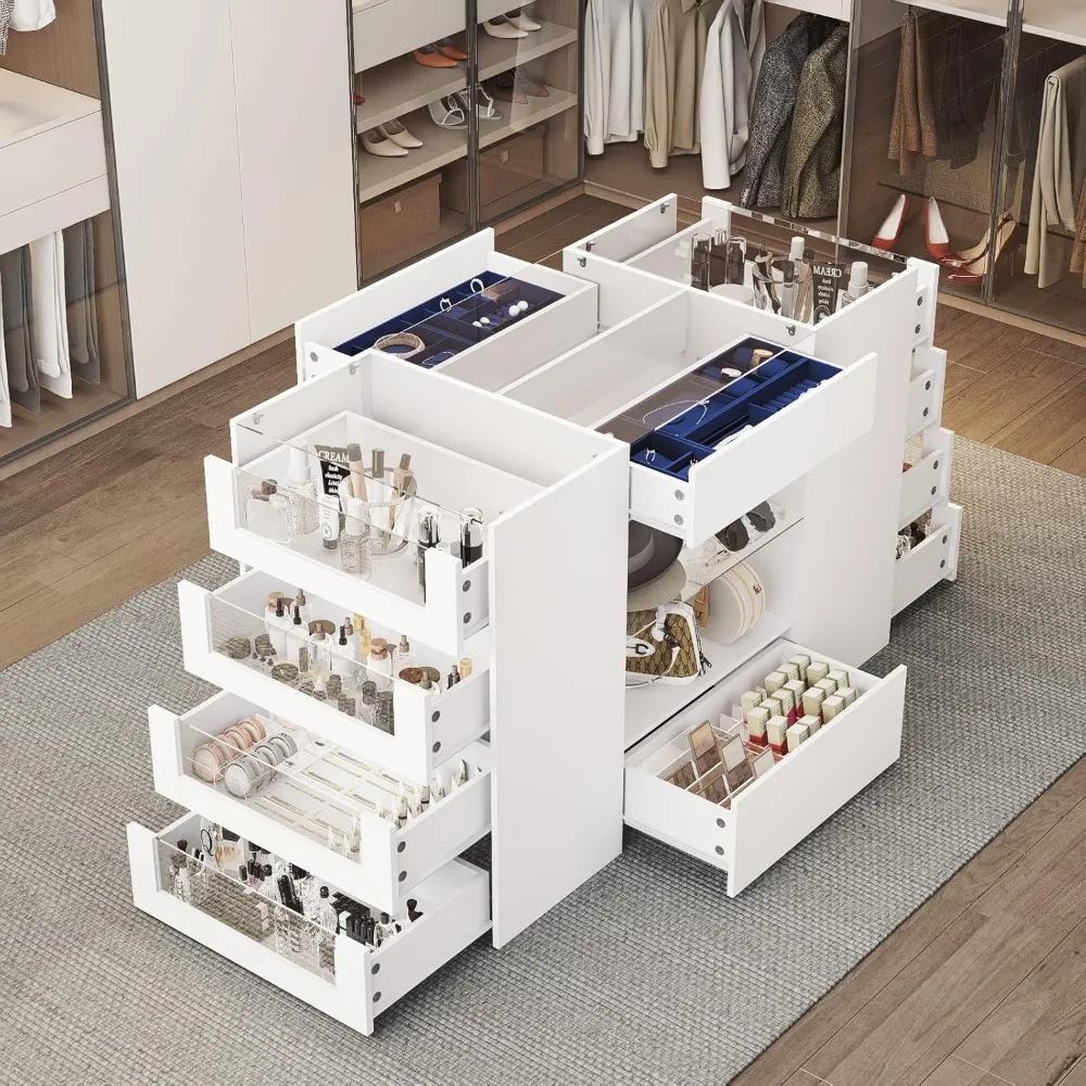 Closet Island with Drawers, Wardrobe Armoire Bedroom Island, Glass Display Shelf & 12 Drawers, White Dresser with Glass Top, Wal 5