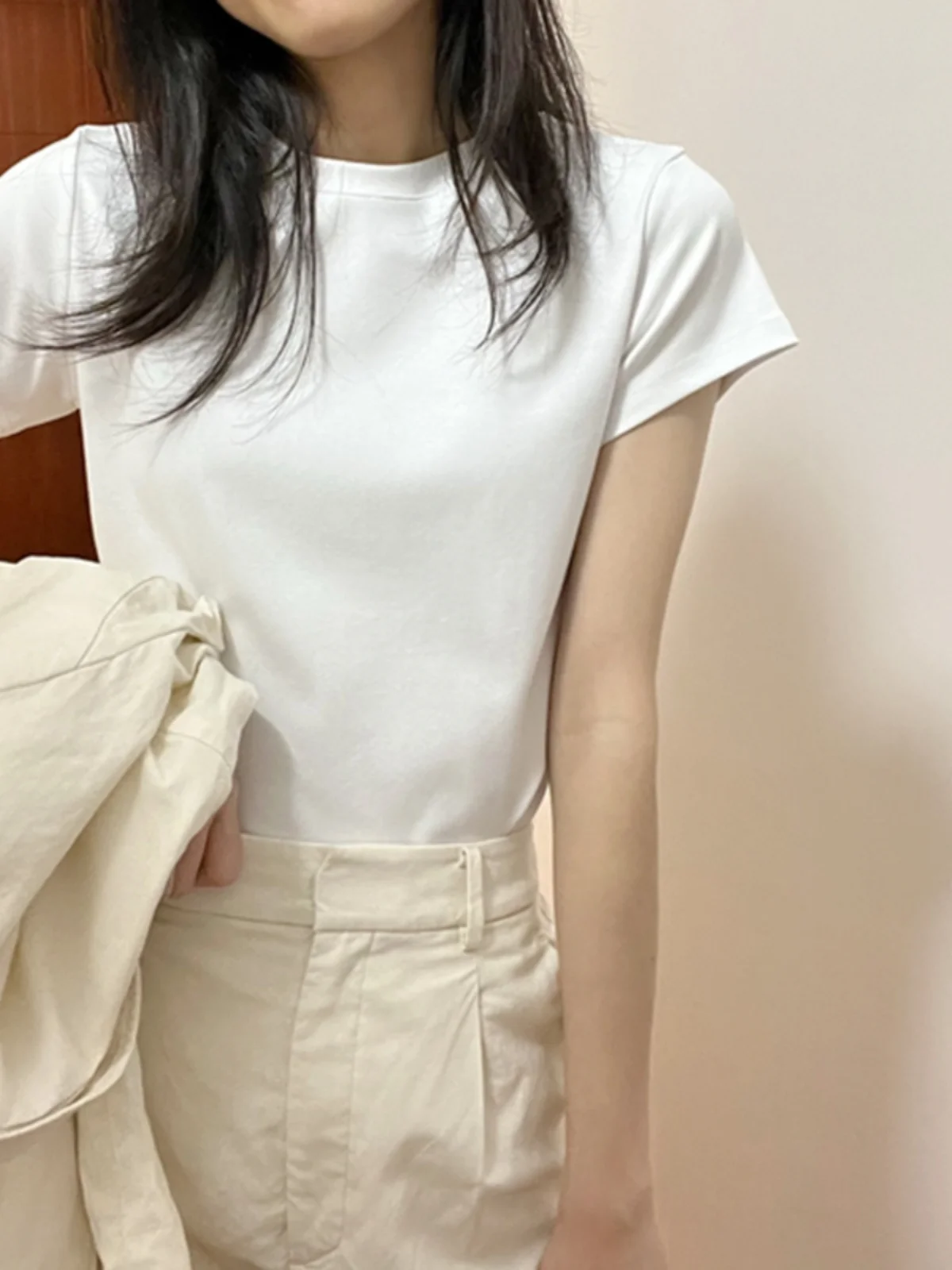 슬림핏 베이직 숄더 반팔 여성 티셔츠 여름 신상 디자인 퓨어 디자이어 다용도 순면 한국 스타일 탑